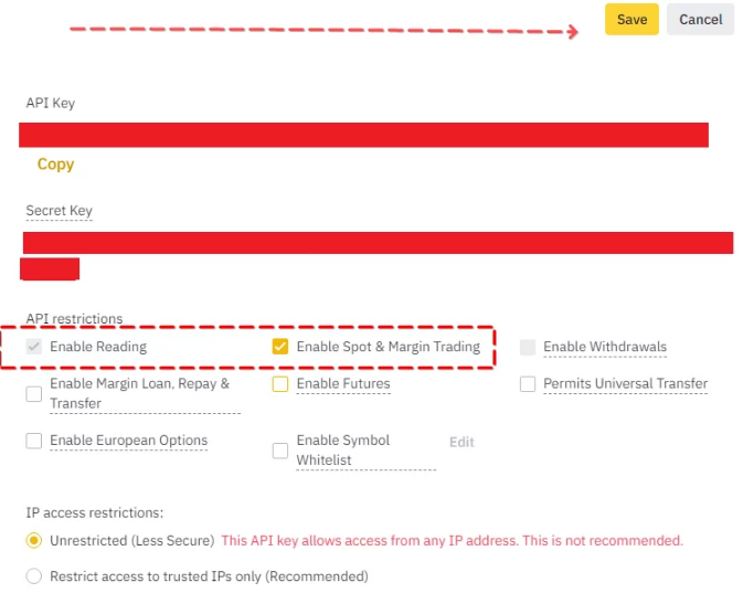 Binance API example: Permissions section