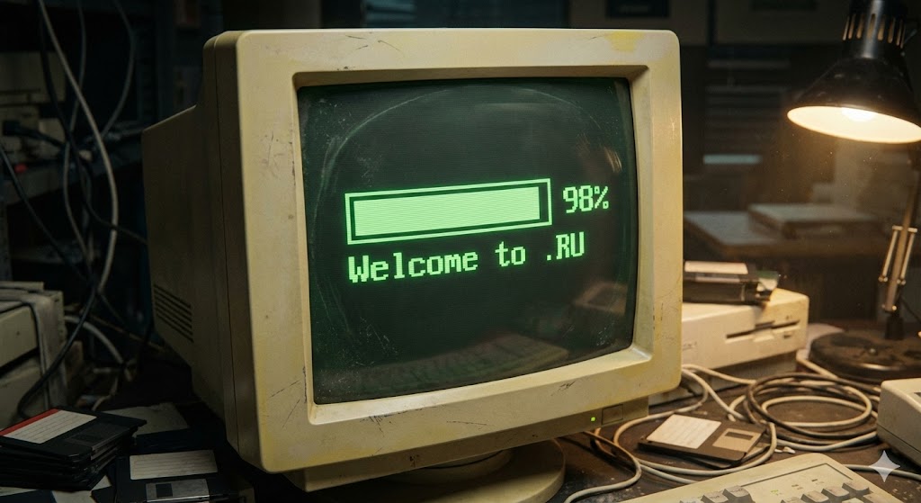 Старый монитор с интерфейсом первого веб-сайта 90-х годов