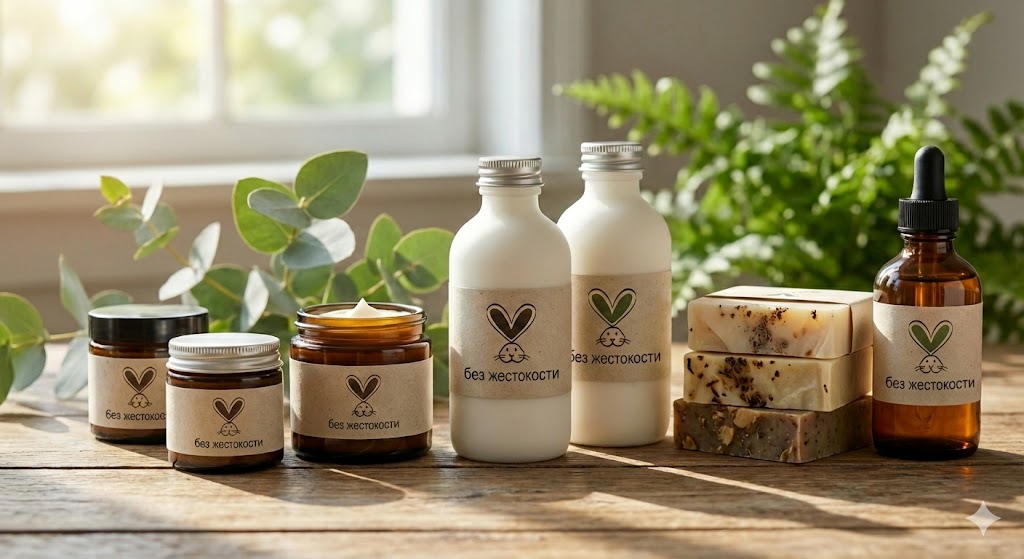 Набор этичной косметики с маркировкой Cruelty Free и значком кролика 