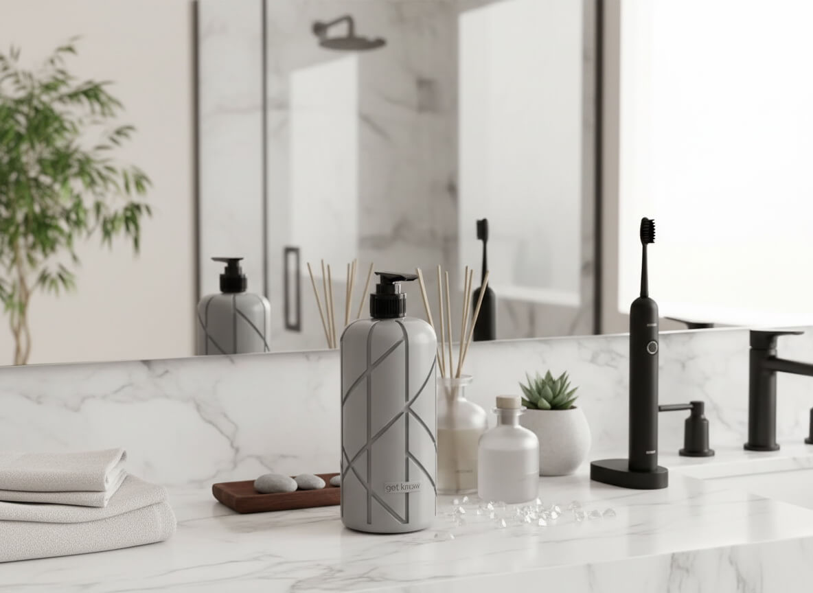 дозатор для жидкого мыла серия Геометрия, в интерьере ванной