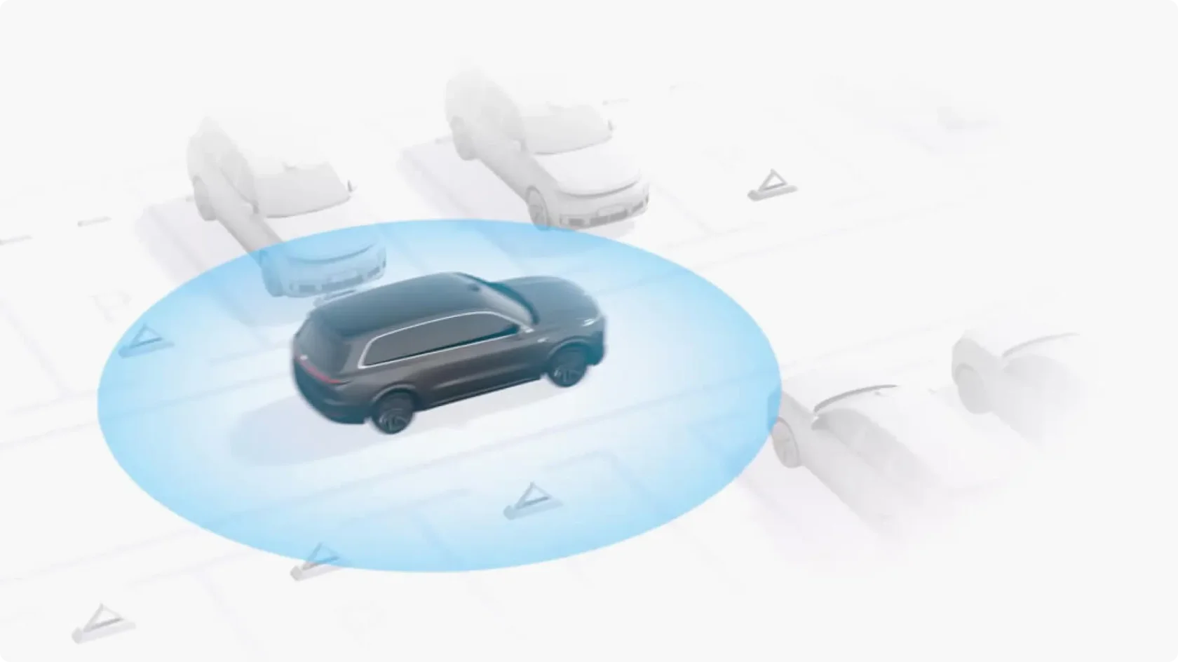Схематичная 3D-визуализация системы помощи водителю Li Auto: автомобиль в центре с голубым защитным кругом, отображающим зону действия лидаров и сенсоров.