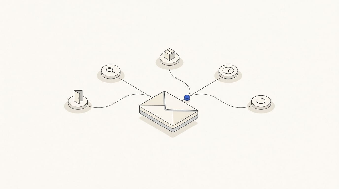 An envelope connected to five automation nodes: an entryway, magnifying glass, order, clock and return arrow.