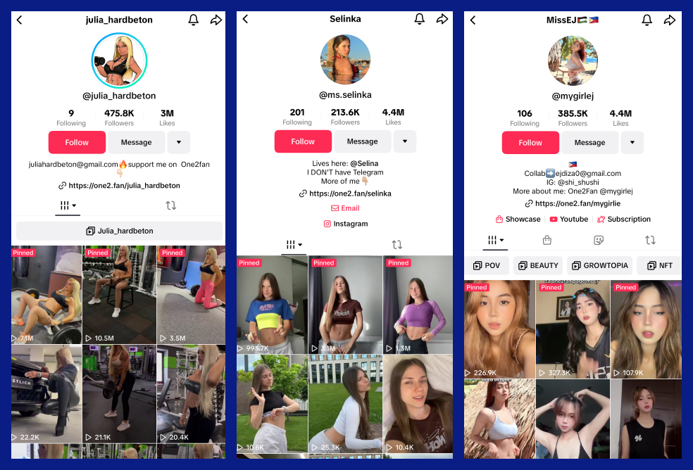 The image consists of 3 screenshots showing the profiles of TikTok content creators who have added a call to action above the clickable link in their profile.
