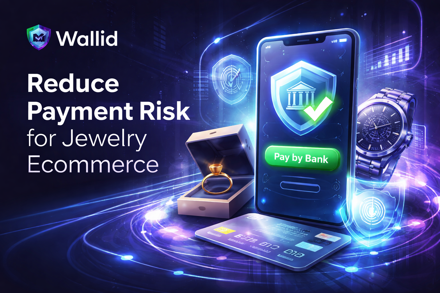 Futuristic illustration showing Wallid Pay-by-Bank secure checkout for jewelry ecommerce with smartphone payment interface, luxury ring, and watch representing protected high-value transactions.