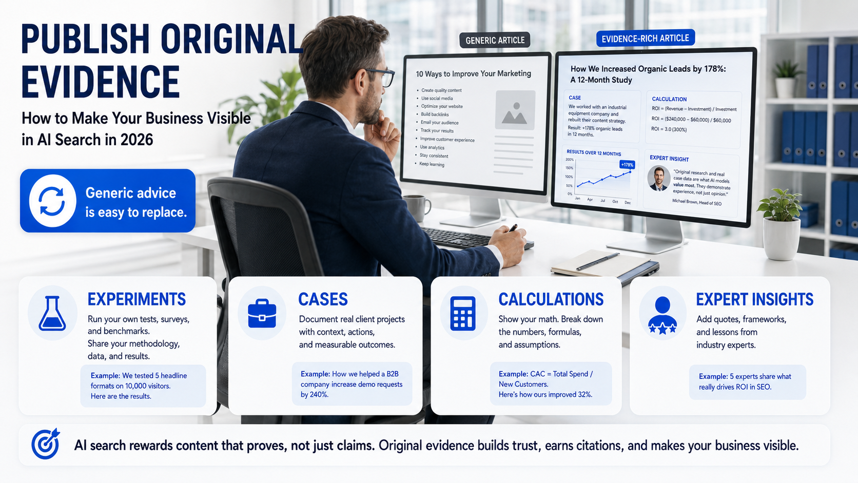 Infographic explaining how to publish original evidence for AI search visibility, comparing generic content with evidence-rich articles featuring experiments, cases, calculations, and expert insights.