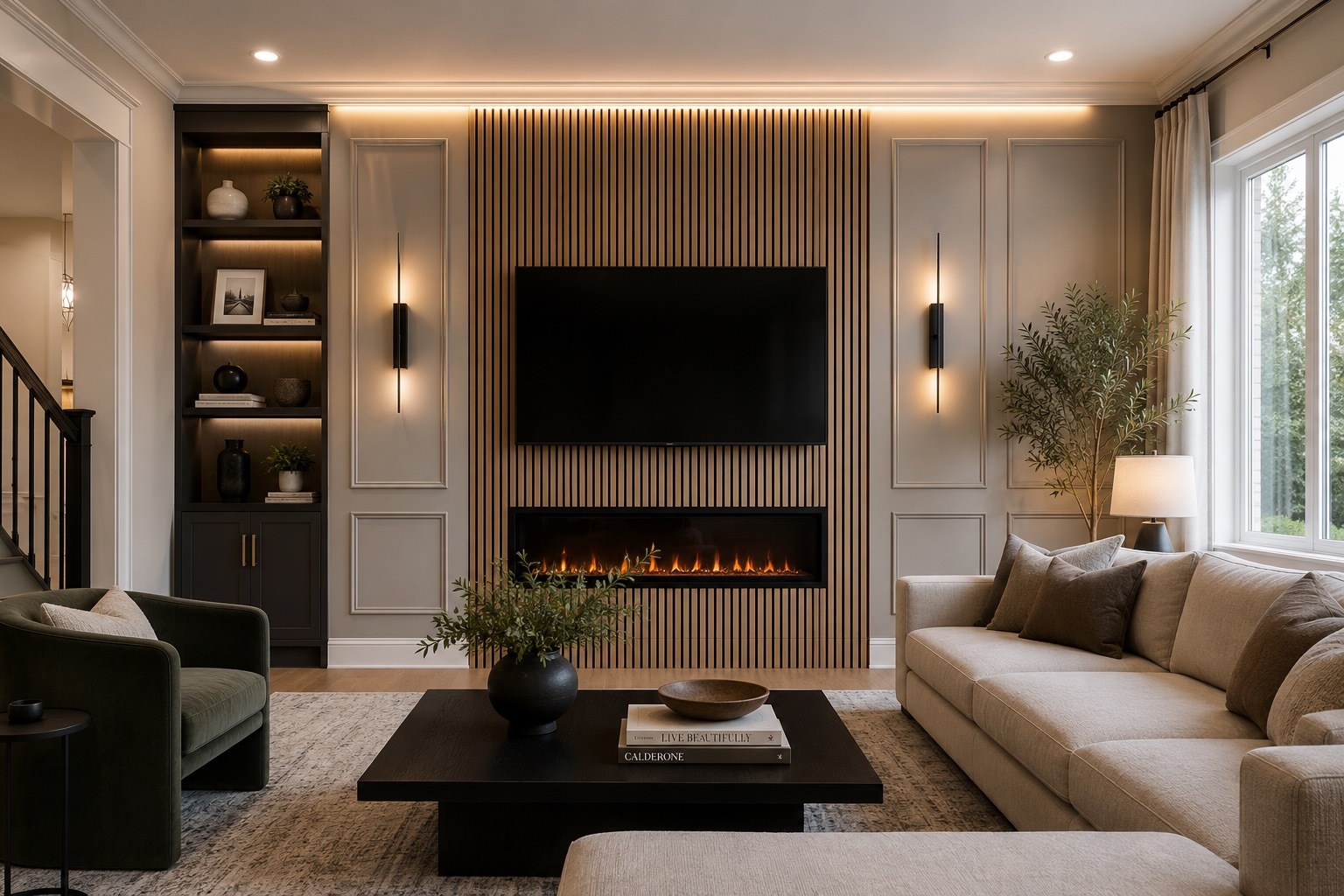 Contemporary Charlotte living room featuring a custom accent wall with white oak slats, decorative wall molding, built-in shelving, integrated fireplace, and warm architectural lighting.