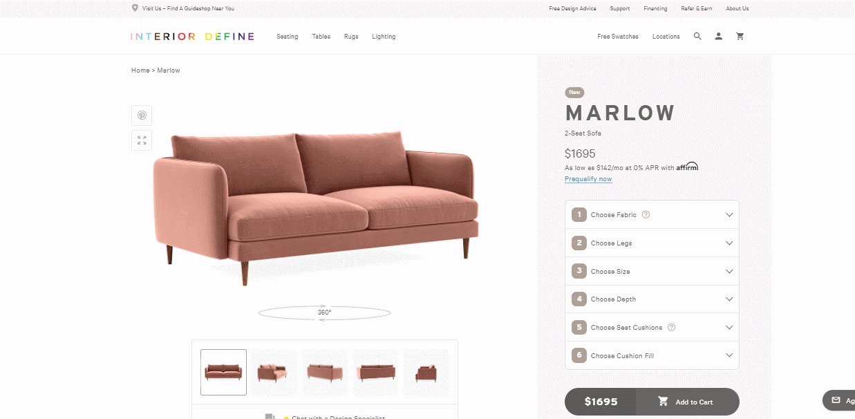 Конфигуратор дивана на сайте Interior Define