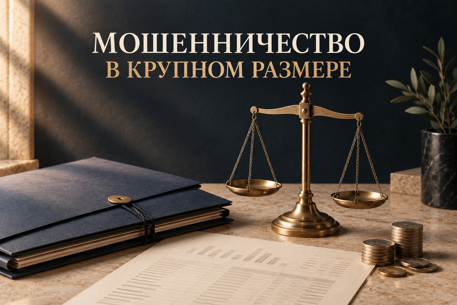 Концептуальная обложка: весы, папка и монеты как образ оценки суммы и обстоятельств дела о мошенничестве
