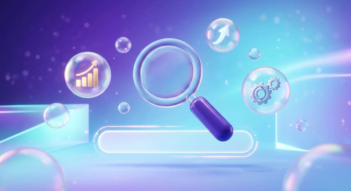 Абстрактная 3D-композиция: лупа и поисковая строка, символизирующие, что такое SEO