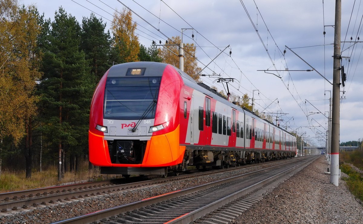 ласточка поезд железнодорожные пути рельсы лес небо