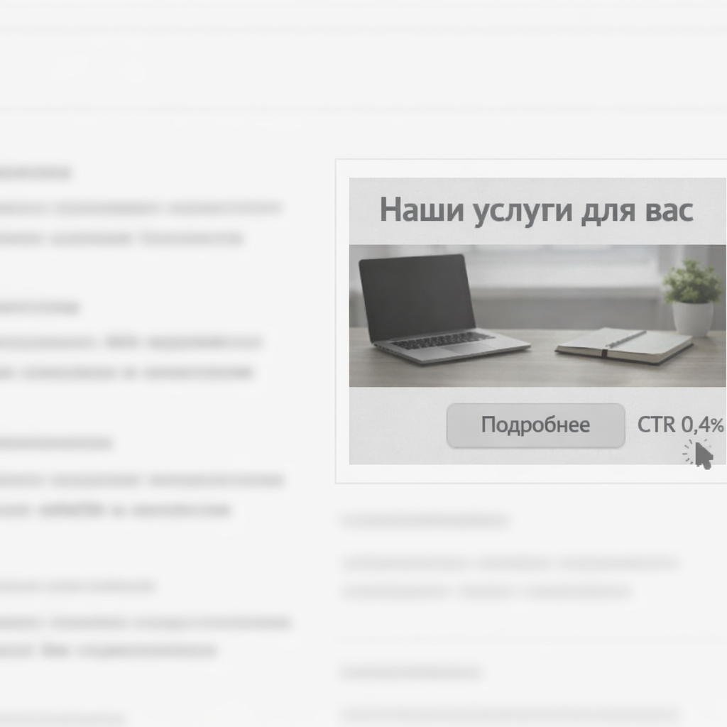 Слабое объявление РСЯ: общий оффер, невнятный визуал, низкий CTR