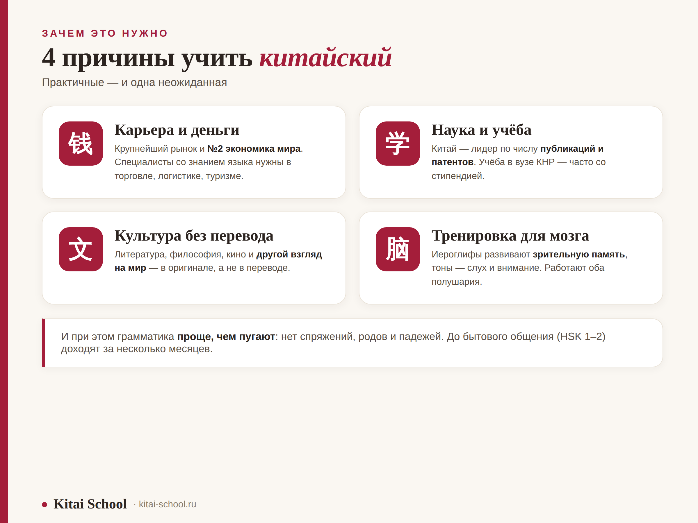 4 причины учить китайский: карьера и деньги, наука и учёба, культура без перевода, тренировка для мозга
