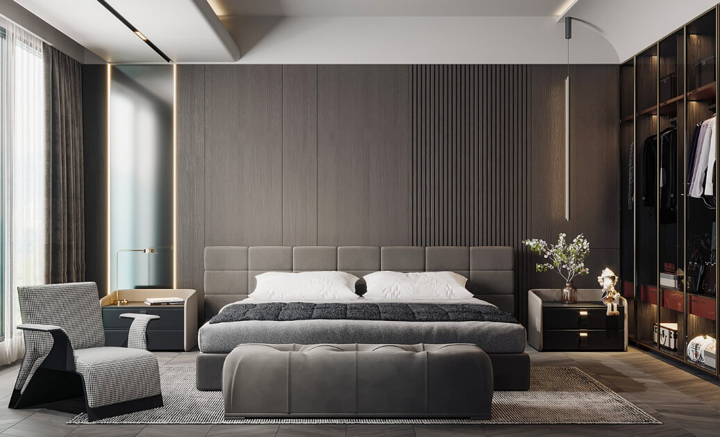 стена из панелей под дерево в спальне