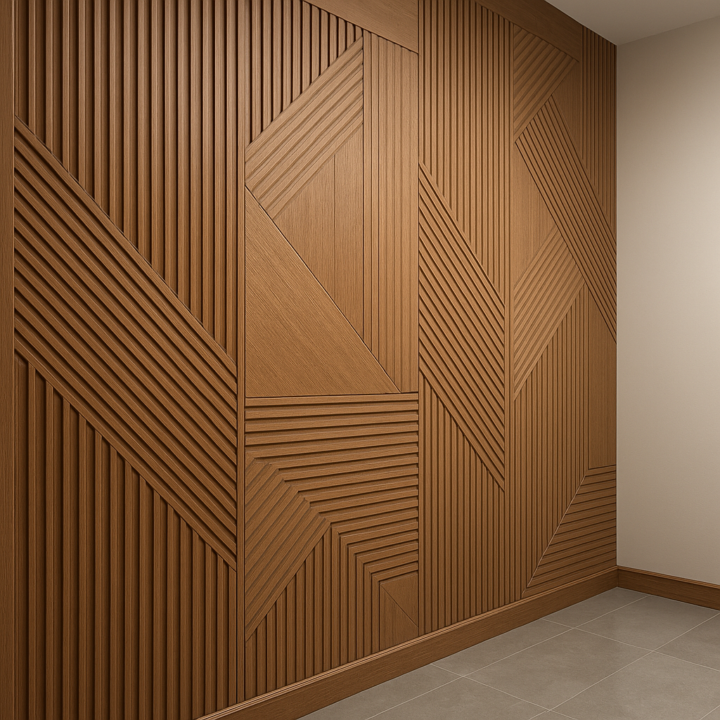 Реалистичные фрезерованные декоративные панели из МДФ с геометрическим рисунком в современном интерьере, натуральный шпон и точная проработка рельефа.