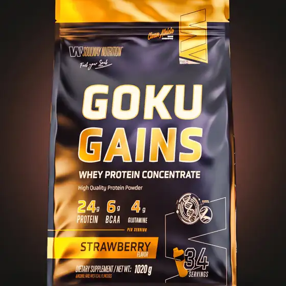 Восьмишовный дой-пак GOKU GAINS со вкусом клубники, 1020 г, на тёмной сцене с тёплым светом