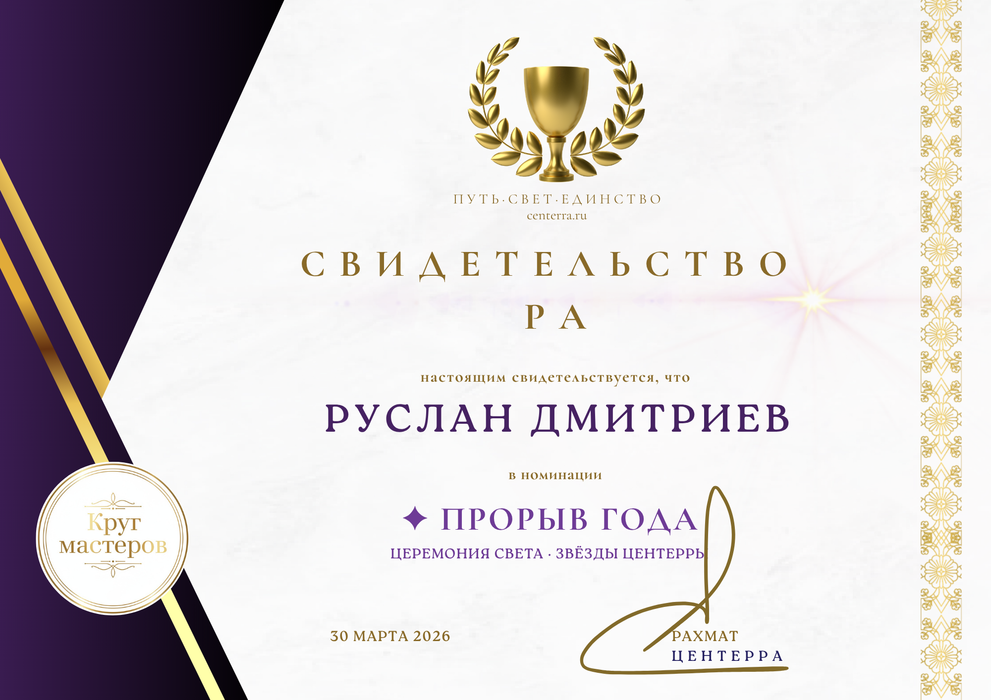 Свидетельство РА — Прорыв Года — Руслан Дмитриев