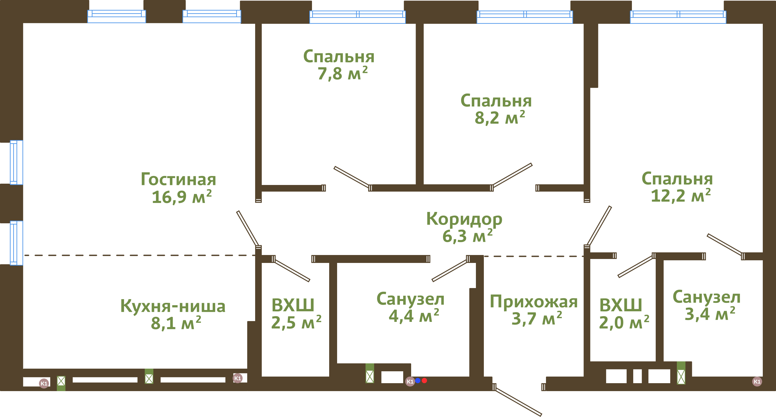 Планировка 4-комнатной квартиры 75,40 м²