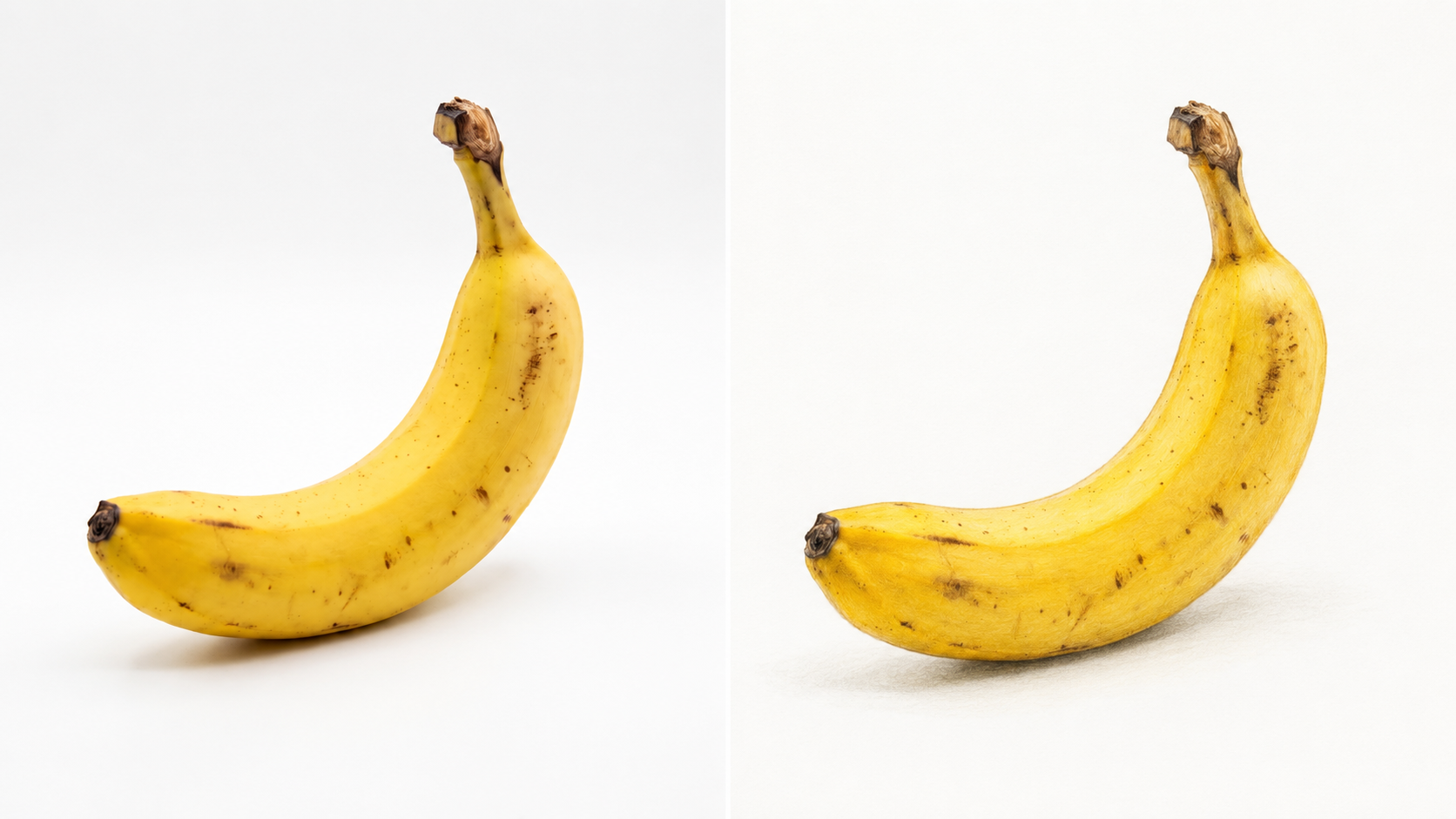 Side-by-side horizontal comparison of a banana reference image and a realistic banana drawing on a clean white background.