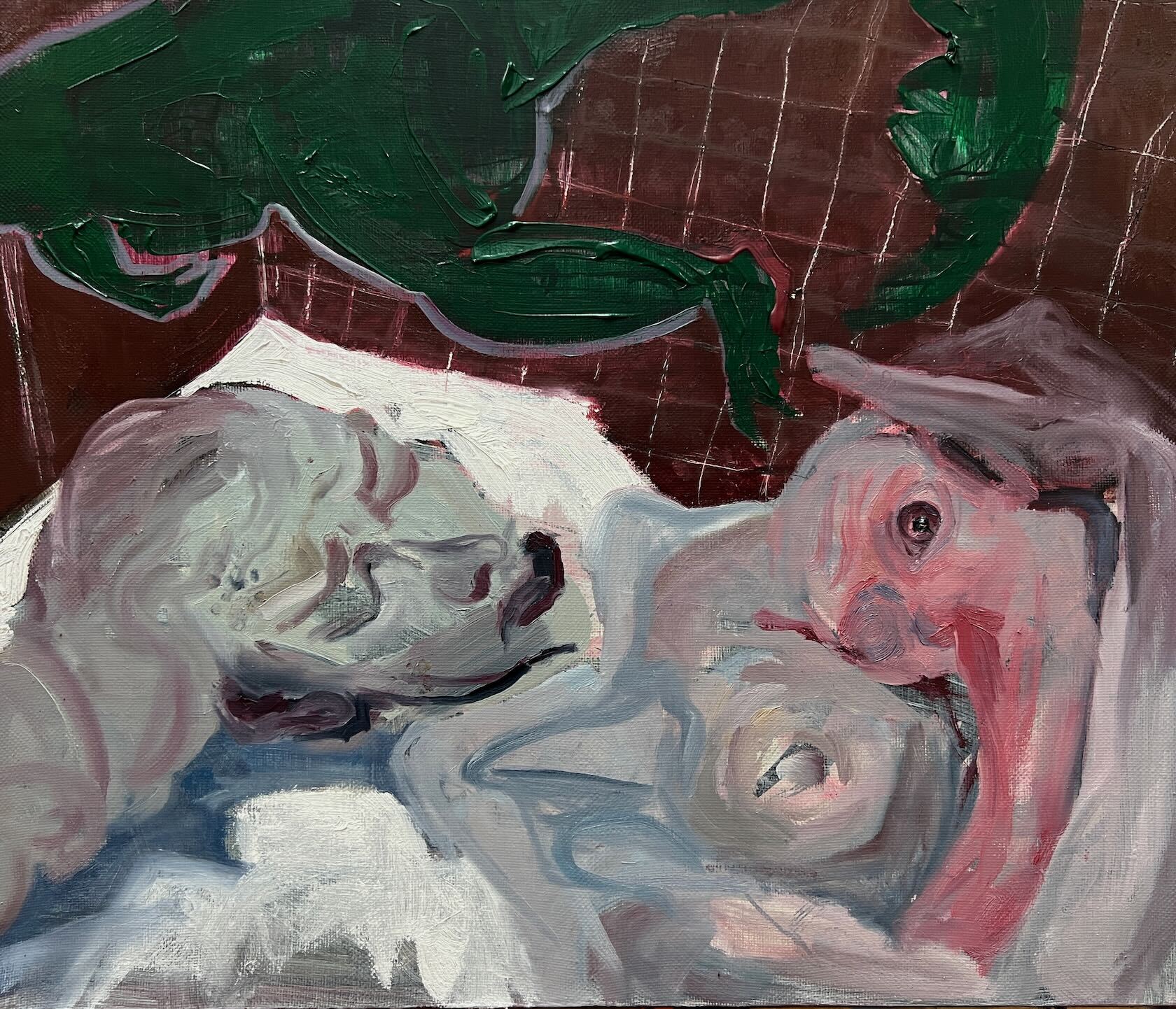 Род.Зал (Все, от чего я тебя защитила), масло, акрил, цветной карандаш на холсте, 50 х 60 см, 2022