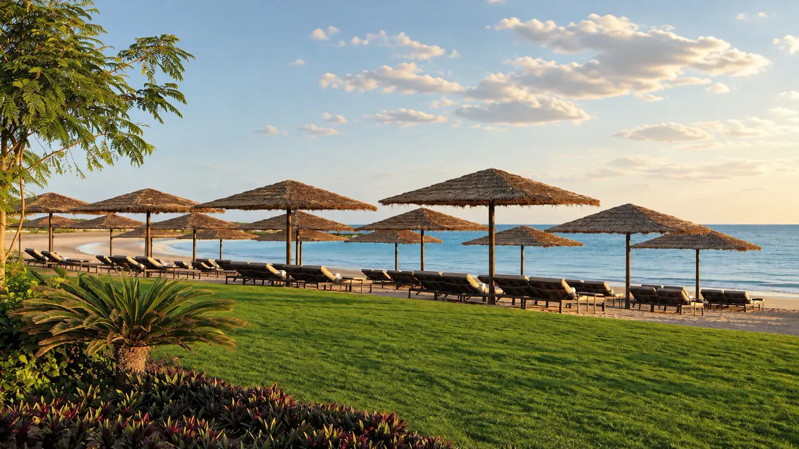 Beach with sun loungers and umbrellas