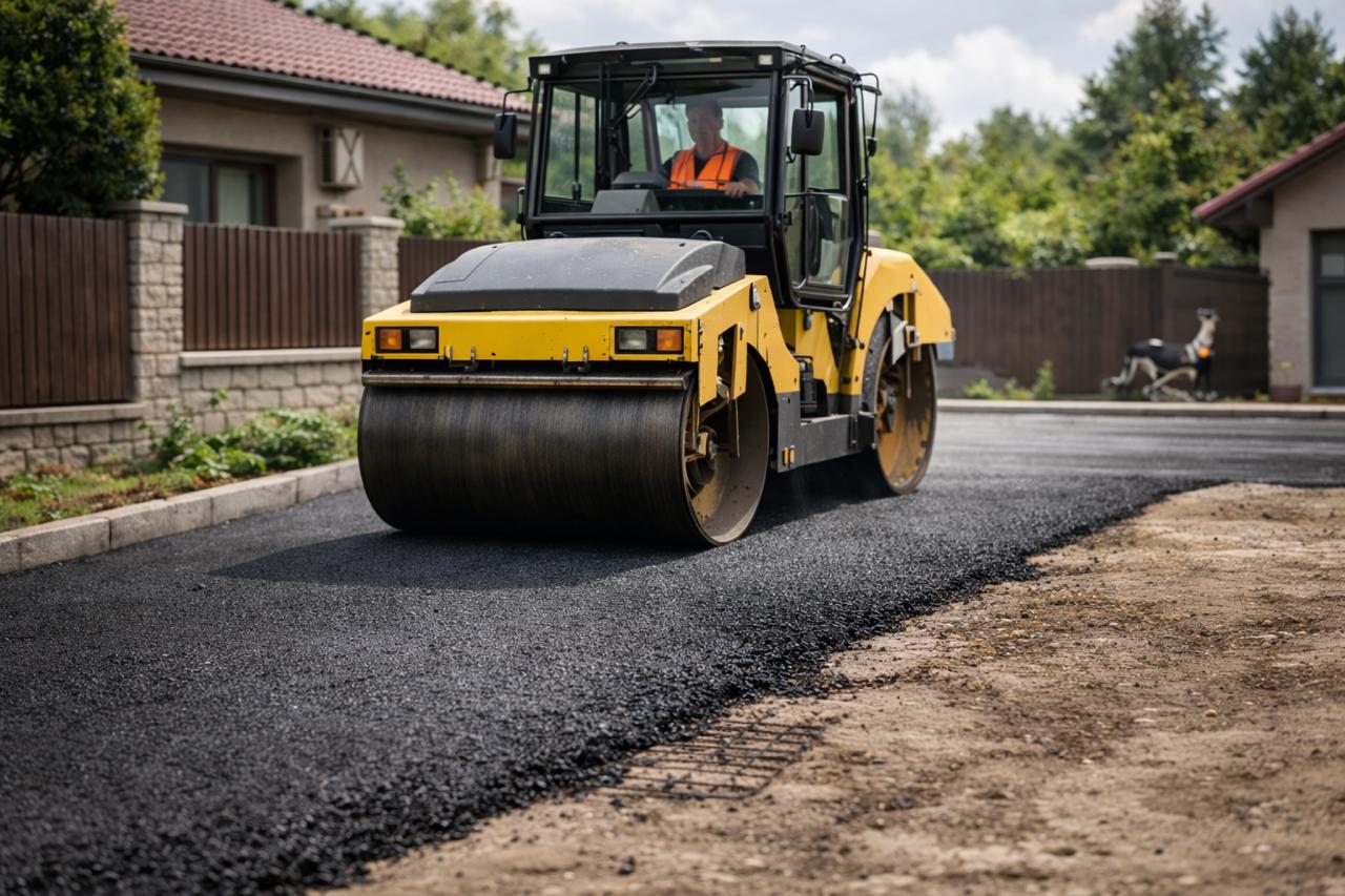 Финално уплътняване на асфалт с валяк при асфалтиране на двор в София