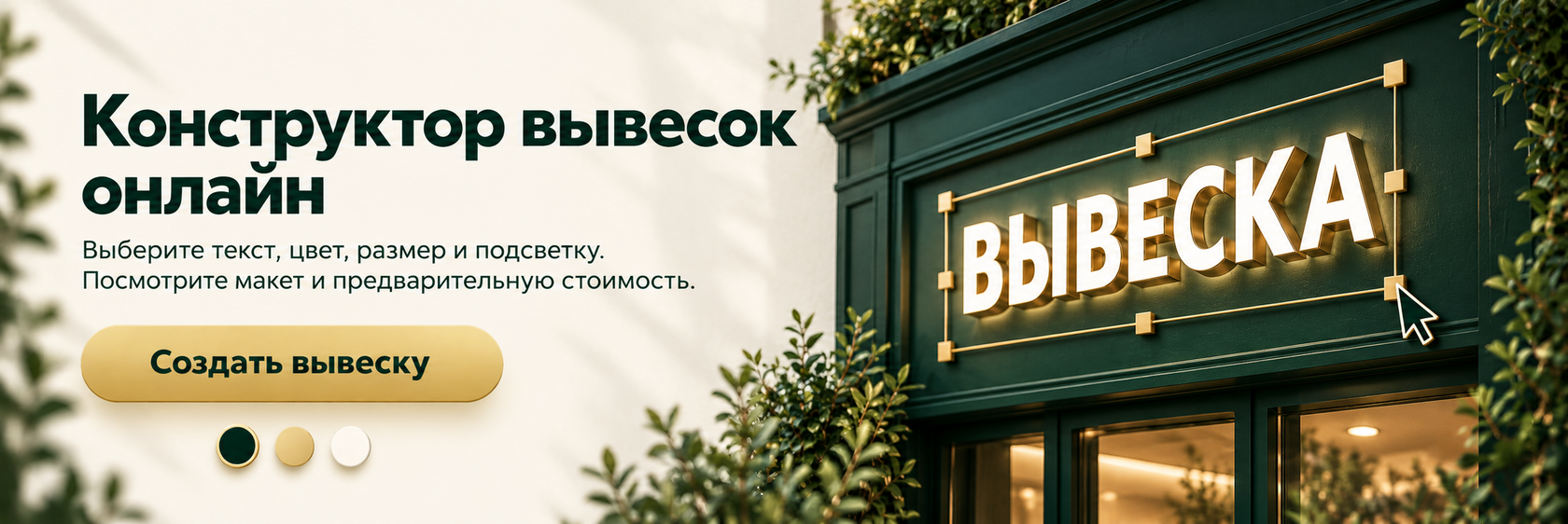 Конструктор вывесок онлайн. Выберите текст, цвет, размер и подсветку. Посмотрите макет и предварительную стоимость. Создать вывеску.