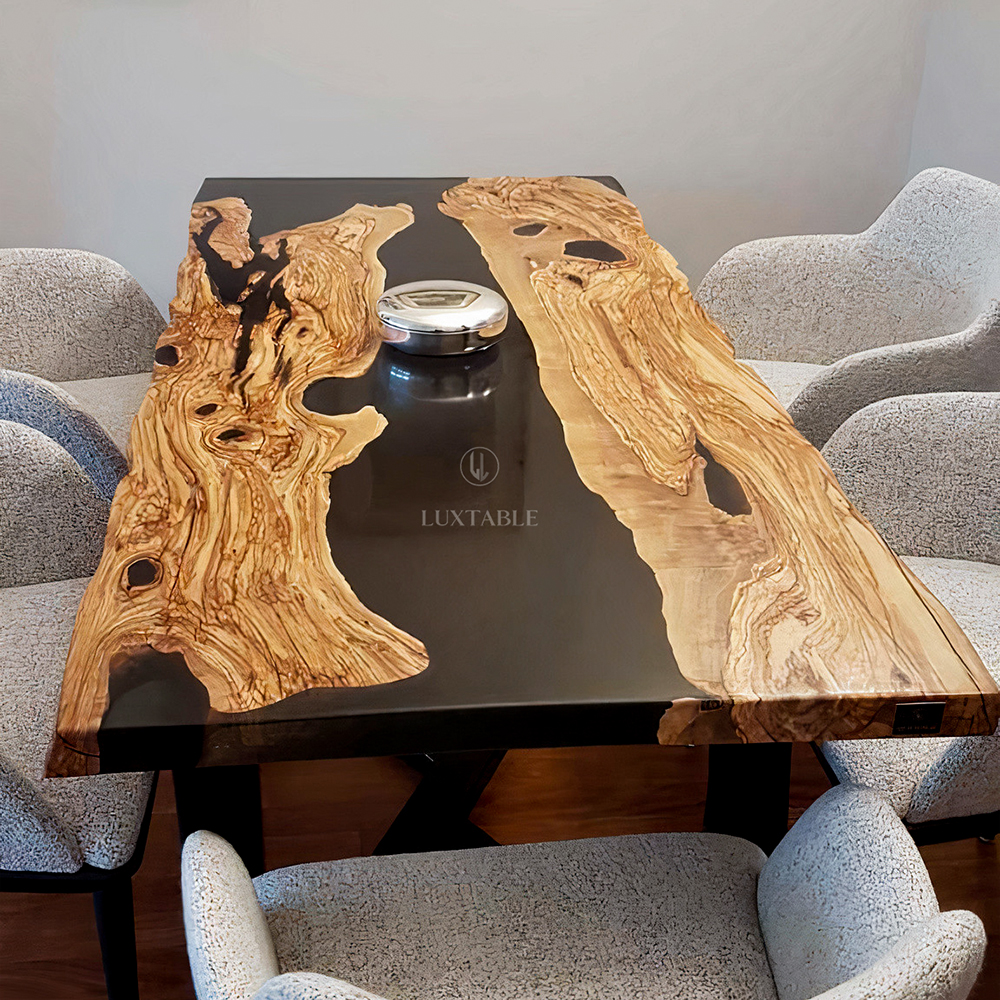 Tisch Mulino aus hundertjährigem Olivenbaum und transparentem Harz mit Raucheffekt