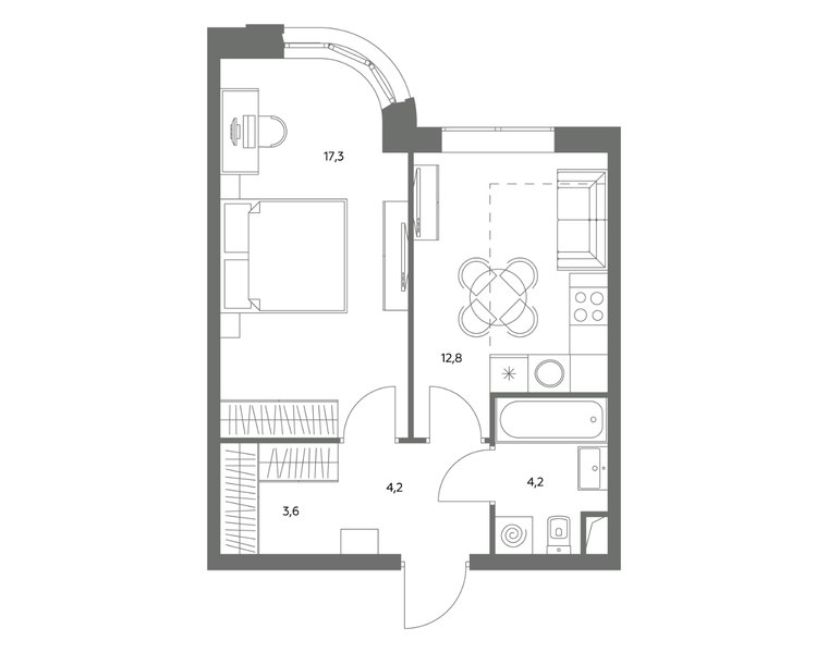 Планировка 2-комнатной квартиры 42,1 м² в ЖК «Адмирал»: корпус 1.1, секция 1, 31-й этаж