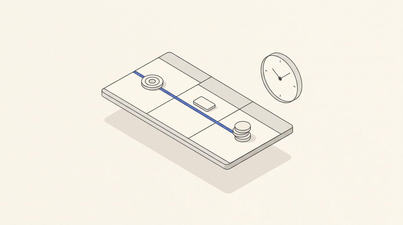 A three-stage plan with a target, campaign card, coins and a clock without numbers.
