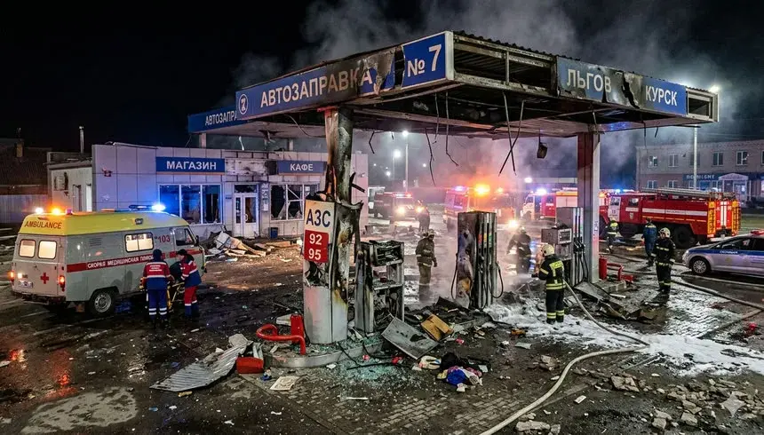 Удар украинского БПЛА по АЗС в Льгове 12 апреля 2026.