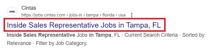 Результаты поиска в Google представителя по работе Cintas Inside Sales в Тампе, штат Флорида, который занимает первое место