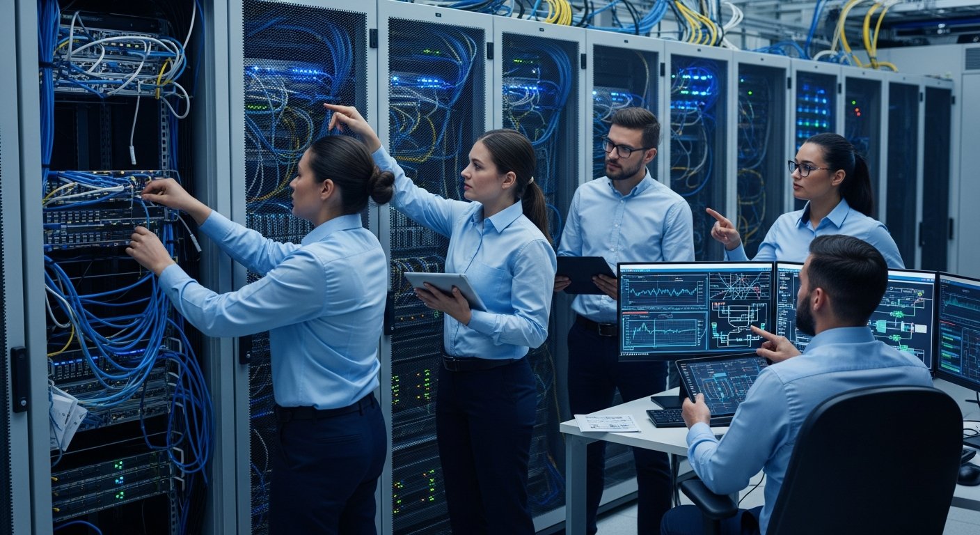 Команда ИТ-специалистов настраивает серверную инфраструктуру, стойки с оборудованием, мониторы с диаграммами нагрузки