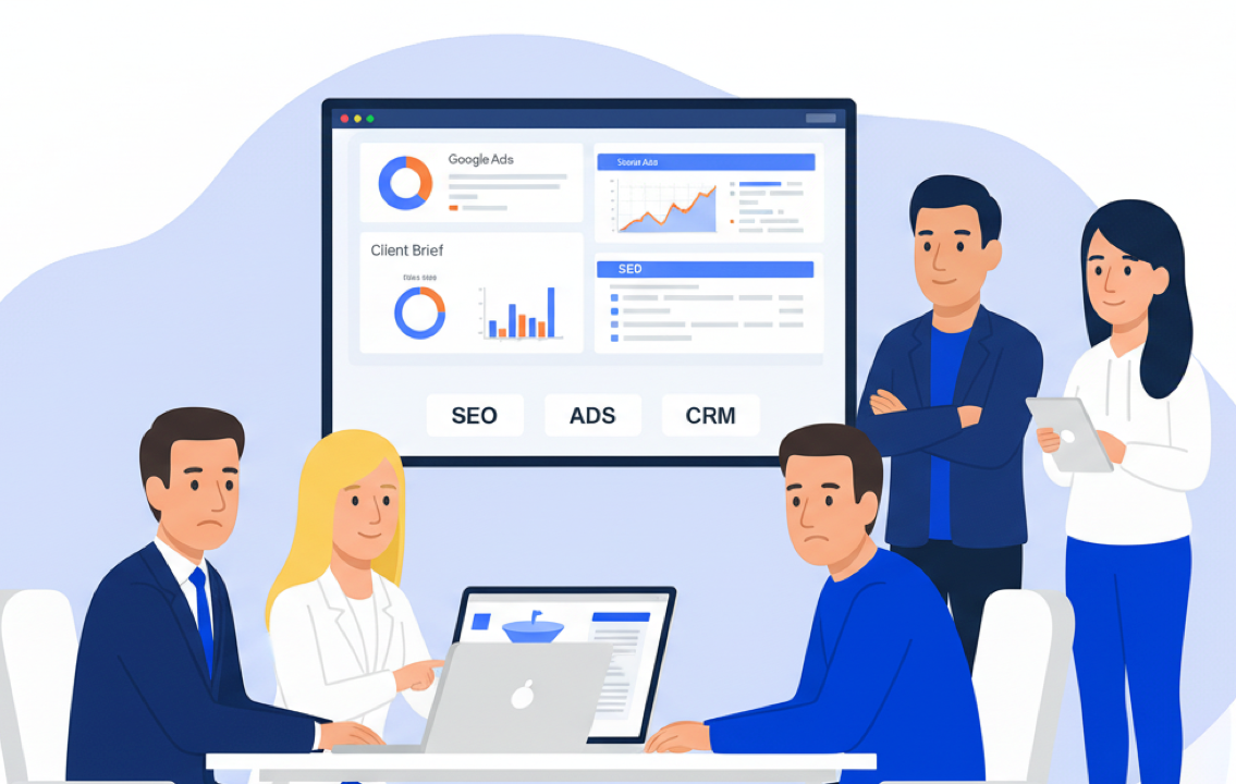 Специалисты маркетингового агентства Метриум помогают бизнесмену выбрать агентство по продвижению бизнеса