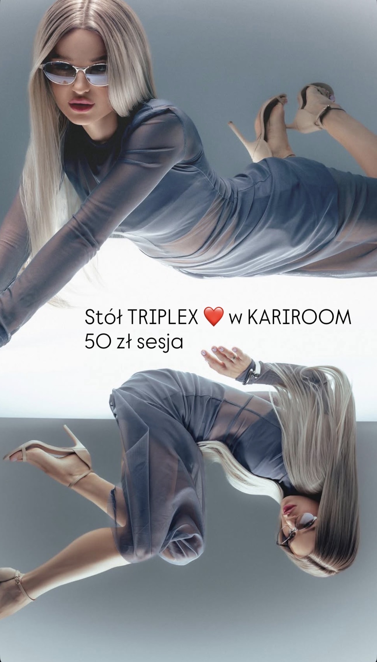 Sesja beauty na stole Triplex — modelka z lustrzanym odbiciem w szkle
