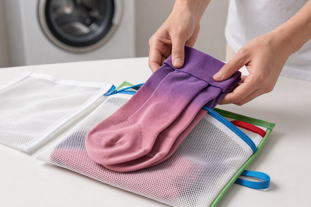 hands placing compression stockings in a mesh laundry bag ready for delicate machine wash, neutral background
