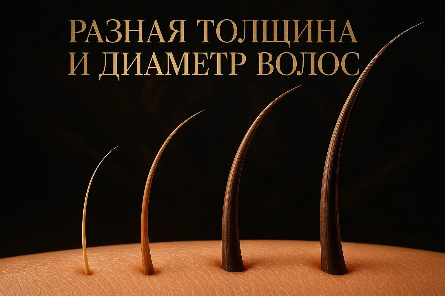 Разная толщина и диаметр волос: сравнение тонкого, среднего и толстого волоса.