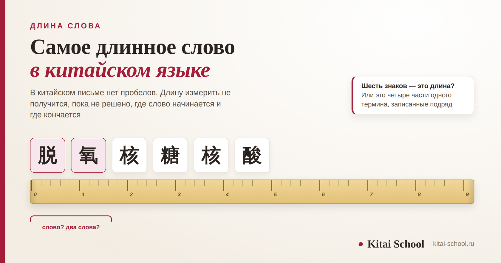 Строка из шести иероглифов 脱氧核糖核酸 и портновская мерная лента под ней с подписью «слово? два слова?» — в китайском письме нет пробелов