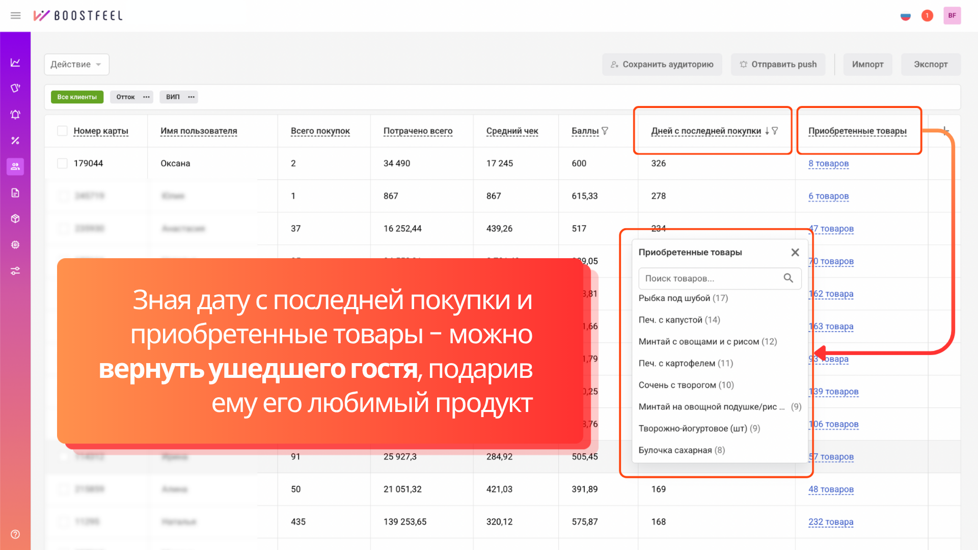 CRM Boostfeel помогает вернуть ушедшего гостя по дате последней покупки и любимым товарам