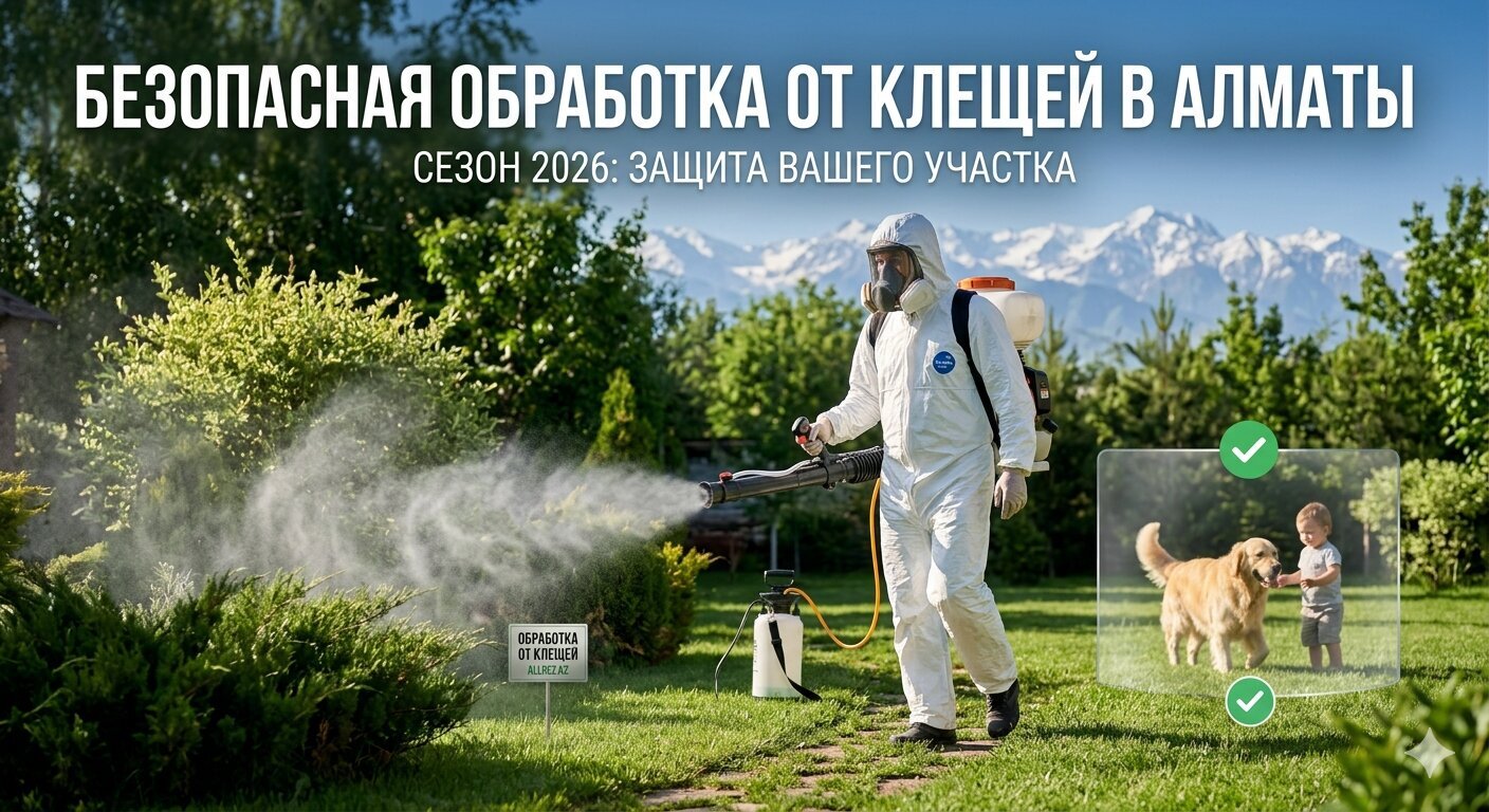 Специалист Alldez.kz в защитном костюме проводит обработку участка от клещей в Алматы на фоне гор Заилийского Алатау весной 2026 года. Справа графический элемент, подтверждающий безопасность для детей и собак.