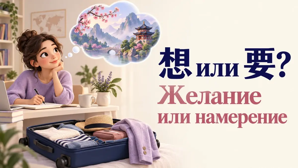 Девушка мечтает о Китае рядом с собранным чемоданом: желание 想 и намерение 要.