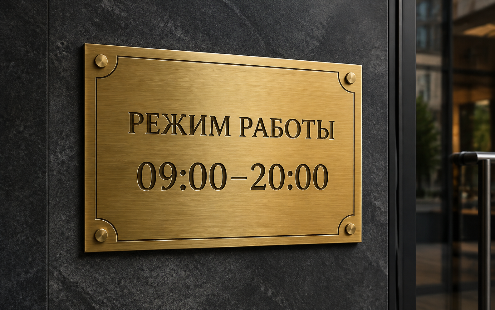 3D Рендер — латунная табличка с режимом работы