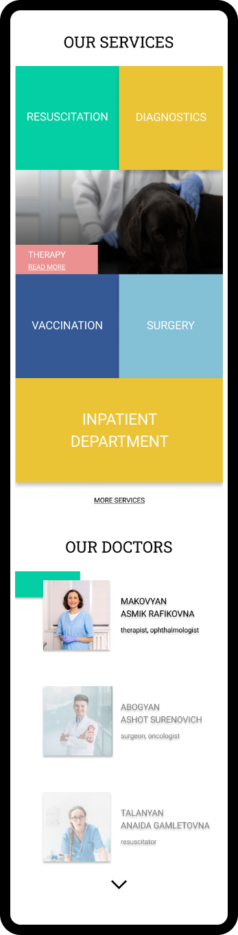 Мокап дизайна сайта ветеринарной клиники, госпиталя Joly. Разработка сайта в Тильда и Фигма. Мобильная версия.