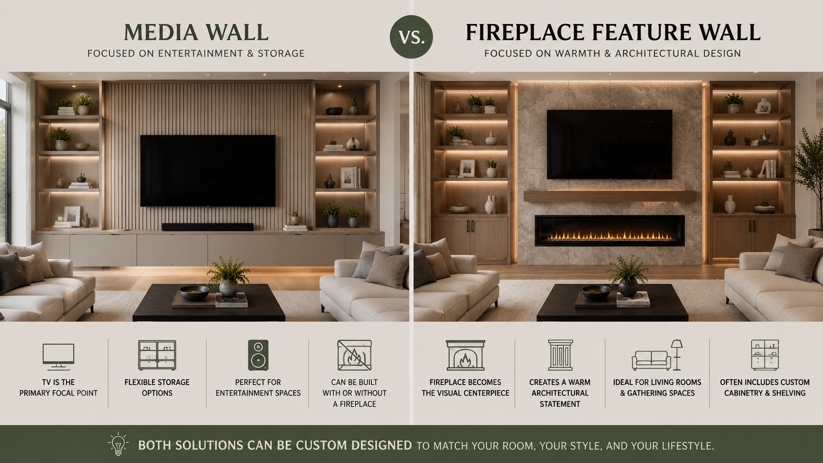 Side-by-side comparison of a custom media wall and a fireplace feature wall showing differences in layout, storage, television placement, built-in shelving, and architectural finishes.