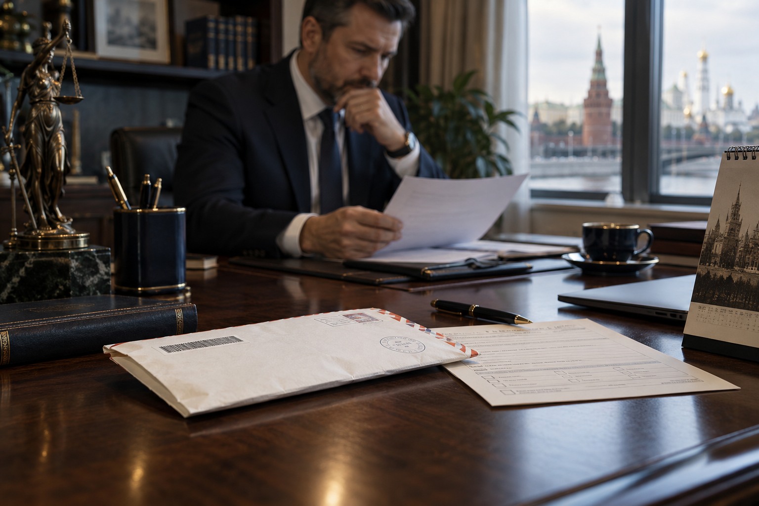 Конверт и почтовые бумаги лежат на столе рядом с собранными документами
