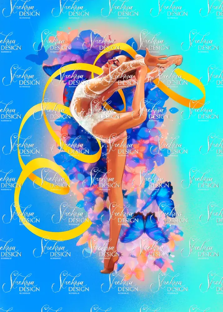 Rhythmic gymnast with a yellow ribbon on blue