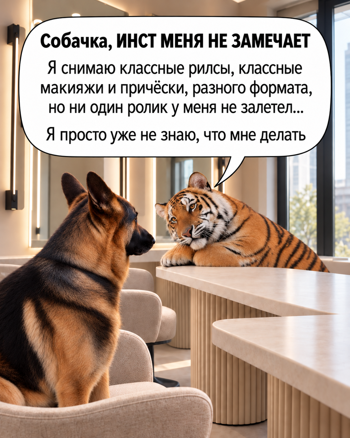 Тигр жалуется собачке: Инст меня не замечает. Я снимаю классные рилсы, макияжи и причёски, но ни один ролик не залетел. Я просто уже не знаю, что мне делать.