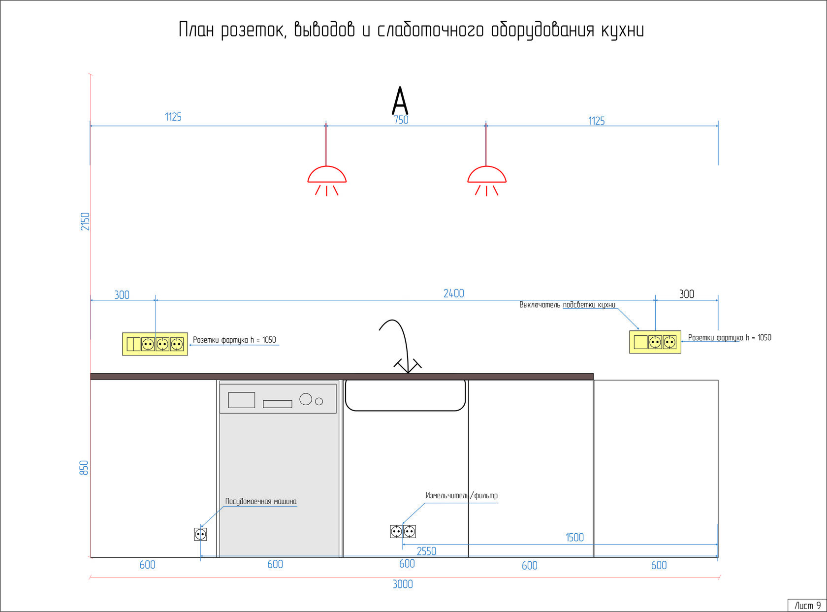 План розеток, выводов и слаботочного оборудования кухни