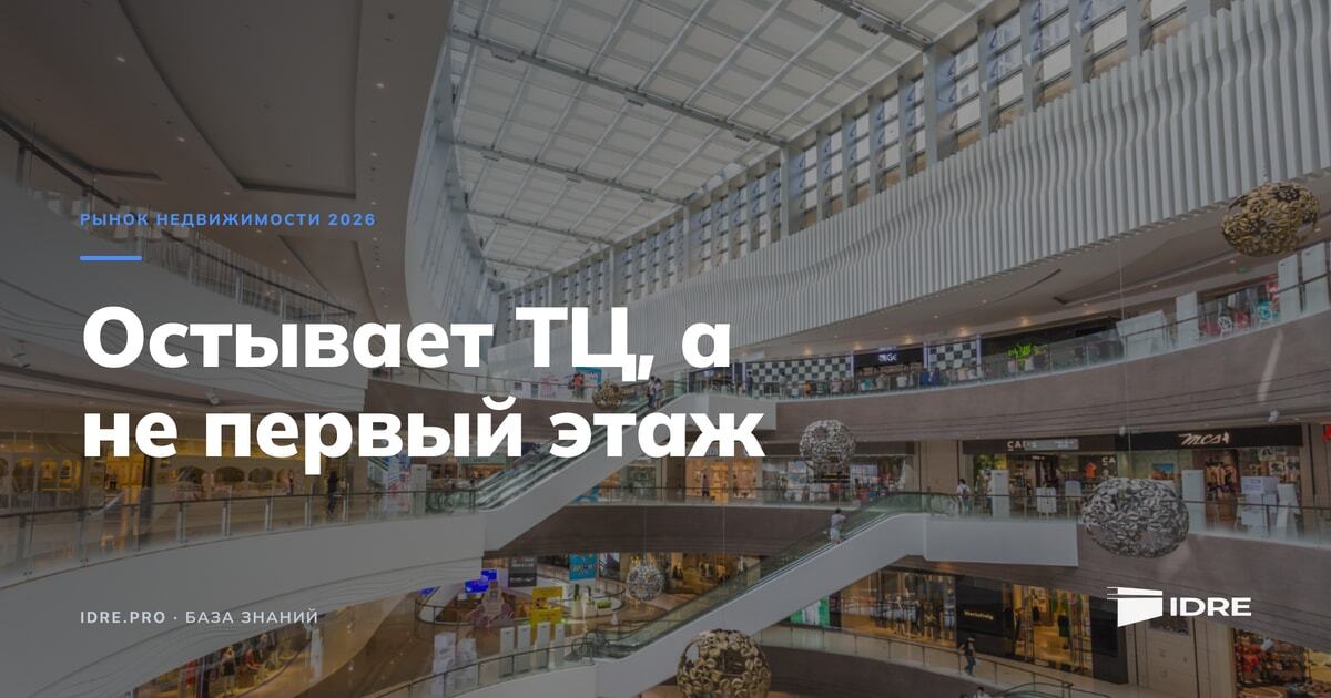 Интерьер торгового центра с тезисом Остывает ТЦ а не первый этаж — атриум и эскалаторы моллa на фоне охлаждения рынка торговой недвижимости