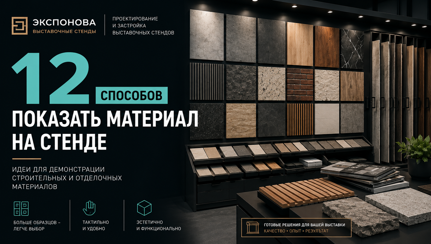 Образцы строительных материалов на выставочном стенде