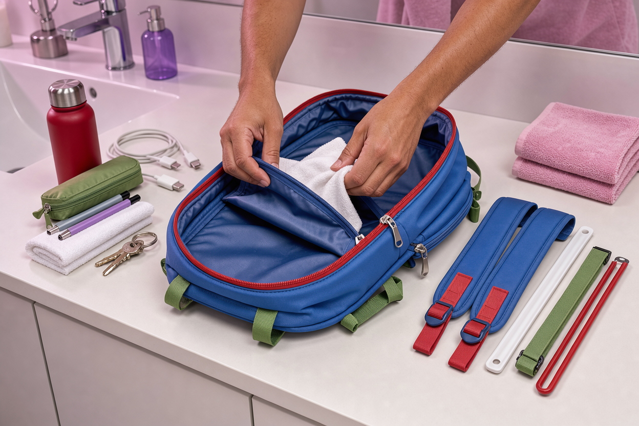Hands preparing a backpack for cleaning: emptying pockets, unzipping compartments, removing detachable straps and frame pieces on a bathroom counter, no branded items